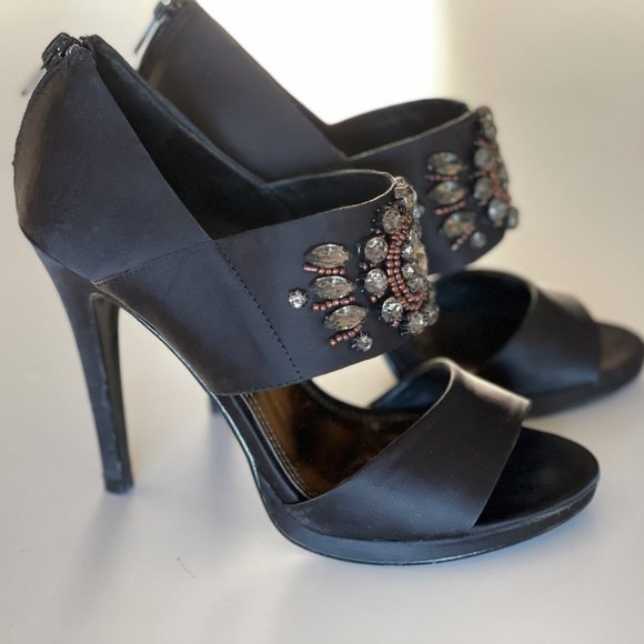 Satin Black Crystal Studded Heels - Picture 2 of 10